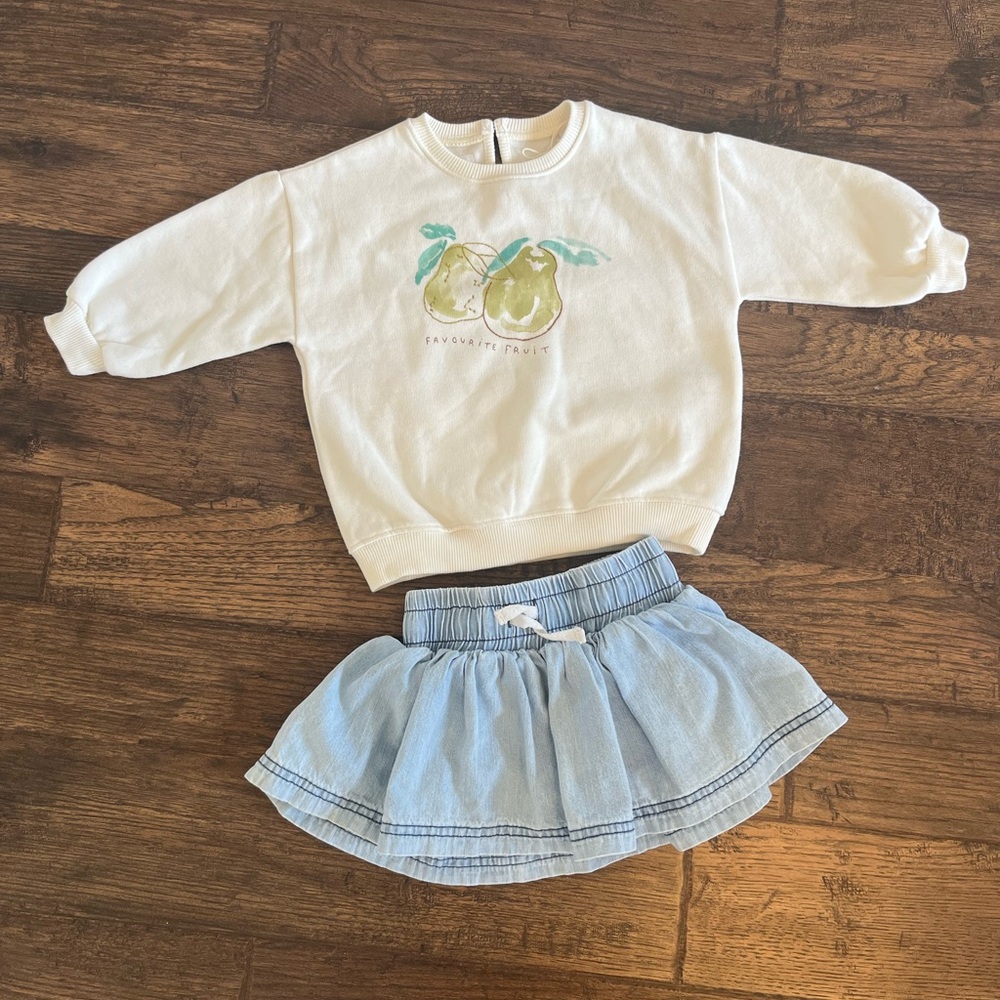 Zara White Sweatshirt and Light Blue Skirt Set